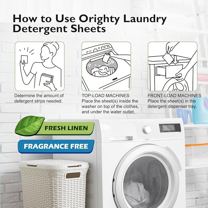 Orighty Laundry Detergent Sheets, 60 Count, Fresh Linen Scent, Eco-Friendly, Hypoallergenic, Portable, No Plastic Jug, 120 Loads
