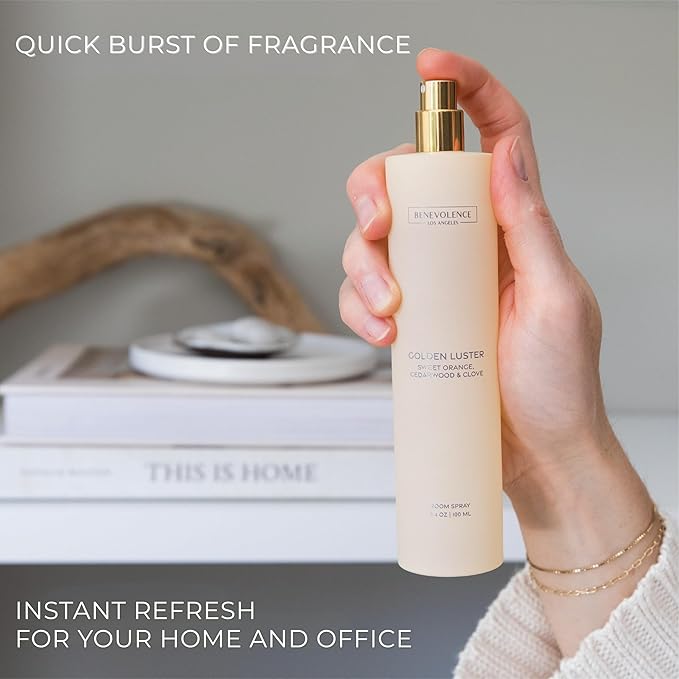 Orange, Cedarwood & Clove Room Spray | Benevolence LA Golden Luster | 3.4oz | Home, Pillow & Linen Fragrance Spray | Low VOC, No Alcohol | Malibu Sands Collection