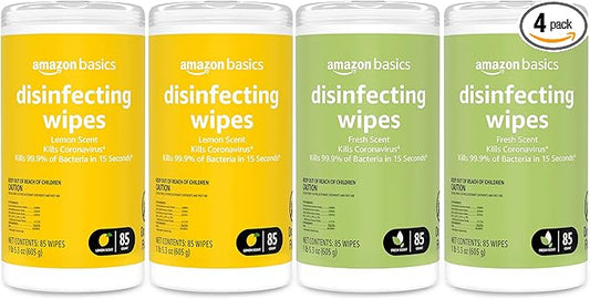 Amazon Basics Disinfecting Wipes, Lemon & Fresh Scent, Thick, Sanitizes/Cleans/Disinfects/Deodorizes, 340 Count (4 Packs of 85)