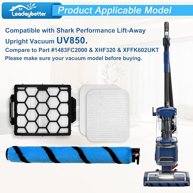 Leadaybetter UV850 Brush Filter Replacement Parts for Shark Performance Lift-Away ADV DuoClean Upright Vacuum, 1 Soft Brush Roll, 2 HEPA, 6 Foam Felt Filters, Part #1483FC2000 & XHF320 & XFFK602UKT