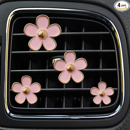 Daisy Air Vent Clips, 4 Pcs Cute Flower Car Air Conditioning Outlet Clip Car Air Freshener Clip Charm Car Inter Decor Accessories for Women (Pink)