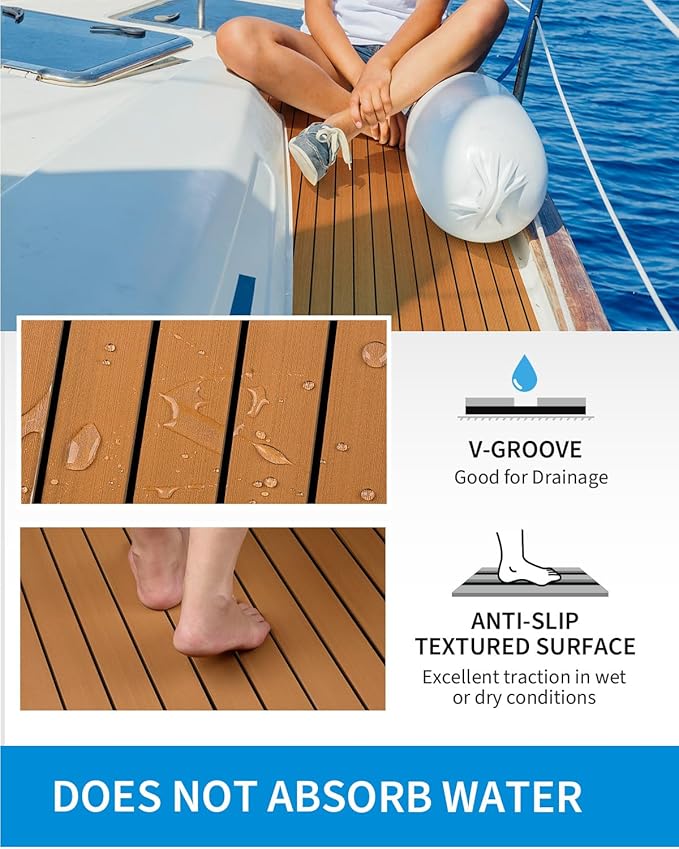 OCEANBROAD EVA Foam Boat Flooring with 3M Adhesive Backing Marine Self-Adhesive Decking 96''x45.6''/36''/28.8''/16.8'', 48''x16.8'' Faux Teak Sheet for Jon Boats Swim Platform Helm Pad RV Floor