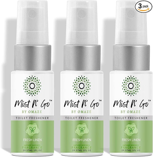 Mist N' Go by Omaze Travel Bathroom Spray - Toilet Odor Eliminator & Air Freshener - Fresh Linen (1oz x3)