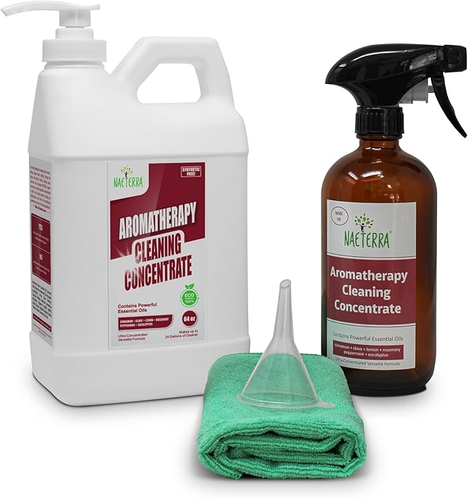 Naeterra Aromatherapy Cleaning Starter Kit – 64oz Plant-Based Concentrate, 16oz Amber Glass Bottle, Funnel & Cloth – Legendary Apothecary Botanical Blend – No Synthetics – Makes 128 Refills