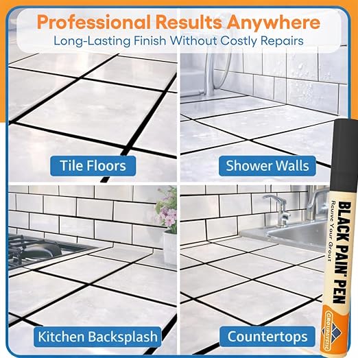 Black Grout Paint Pen Tile Grout Colorant & Sealer Marker, Quick-Dry, Ideal for Bathroom, Shower, Kitchen Tiles Restores Grout Lines, 3 Adjustable Tips (2-3 mm)