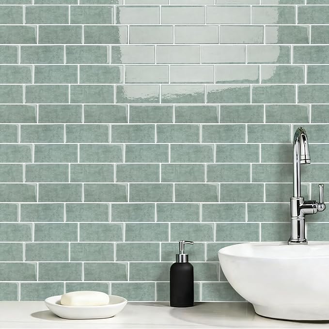 Subway Backsplash Tile Peel and Stick, Green Self Adhesive Tiles for Kitchen, 10 Sheets Stick on Backsplash for Kitchen and Bathroom(11.56x8.38)