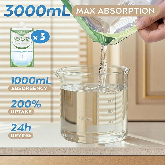 Hanging Moisture Absorbers 3 Pack Net Wt. 17.5oz/Pack, Fresh Fragrance Closet Dehumidifier Bags, Odor Eliminator & Humidity Absorber, Humidity Packs for Bathroom, Bedroom, Basement, Car, RV & Boat
