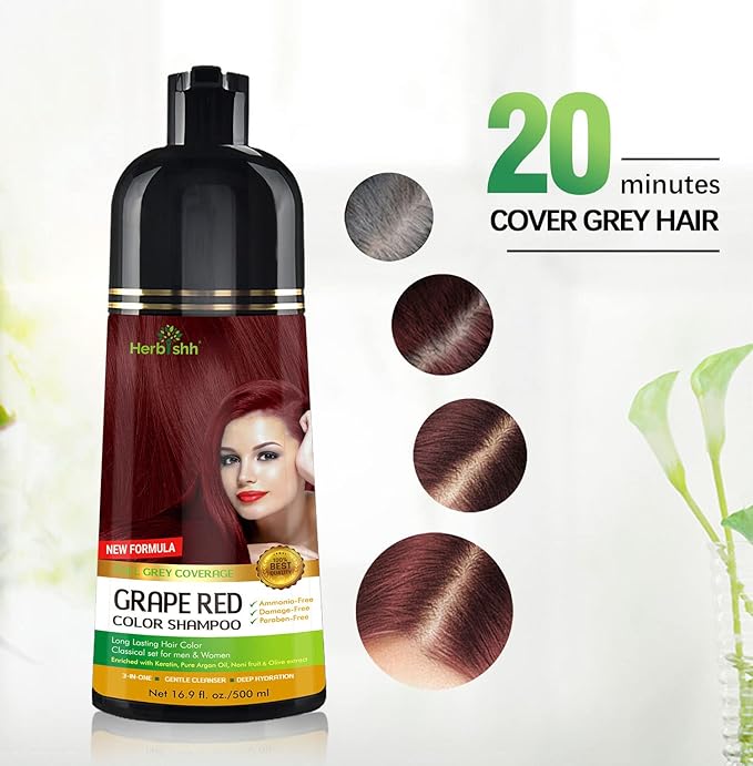 Herbishh Hair Color Shampoo for Gray Hair Grape Red 500 ML + Hair Color Stain Remover Wipes- Travel Pack With 5 Wipes