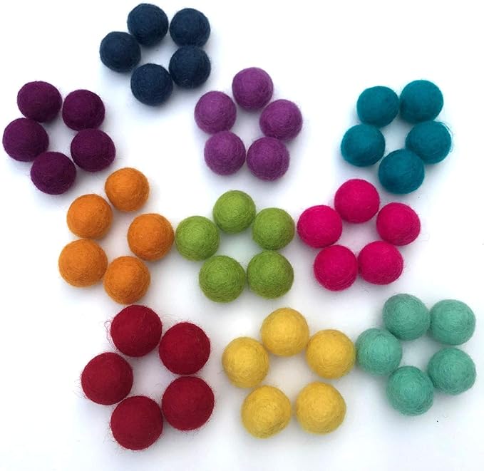 Rainbow Party - 100% Handmade Wool Felt Pom Poms - (50) Pure New Zealand Wool Felt Balls - DIY Pompoms - 0.8-1.0" Size - Drawstring Muslin Bag