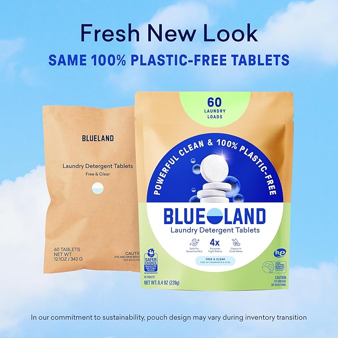 BLUELAND Laundry Detergent Tablets, 120 Count, Plastic-Free Eco-Friendly Pods, Sheets, Liquid Alternative - Fragrance Free and Clear, Natural, Gentle