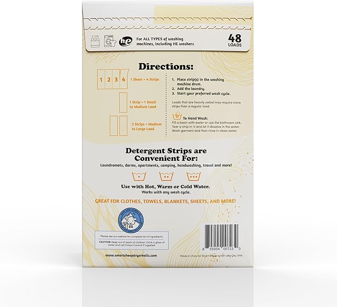 Smart Sheep Laundry Detergent Strips - Sensitive Skin, Eco Friendly & Plastic Free - Perfect for Travel & Camping (48 Count, Citrus)