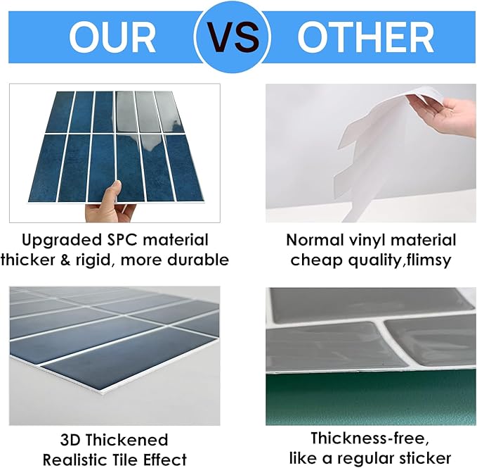 Peel and Stick Tile，New Upgrade Thicker Design Self Adhesive 12" x 12" Large Premium Peel and Stick Backsplash for Kitchen (Dark Blue).
