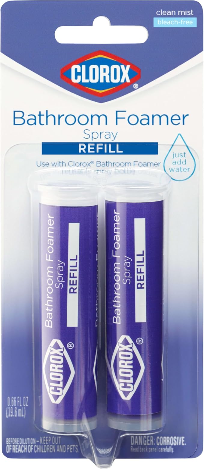 Clorox Bathroom Foamer Refill Cartridge Bathroom Foamer Reusable Spray Bottle, Household Essentials, Two Refill Cartridges, 0.66 Ounces (Package May Vary)