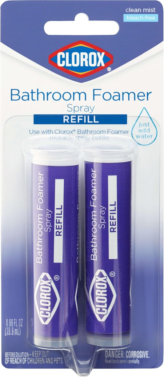 Clorox Bathroom Foamer Refill Cartridge Bathroom Foamer Reusable Spray Bottle, Household Essentials, Two Refill Cartridges, 0.66 Ounces (Package May Vary)