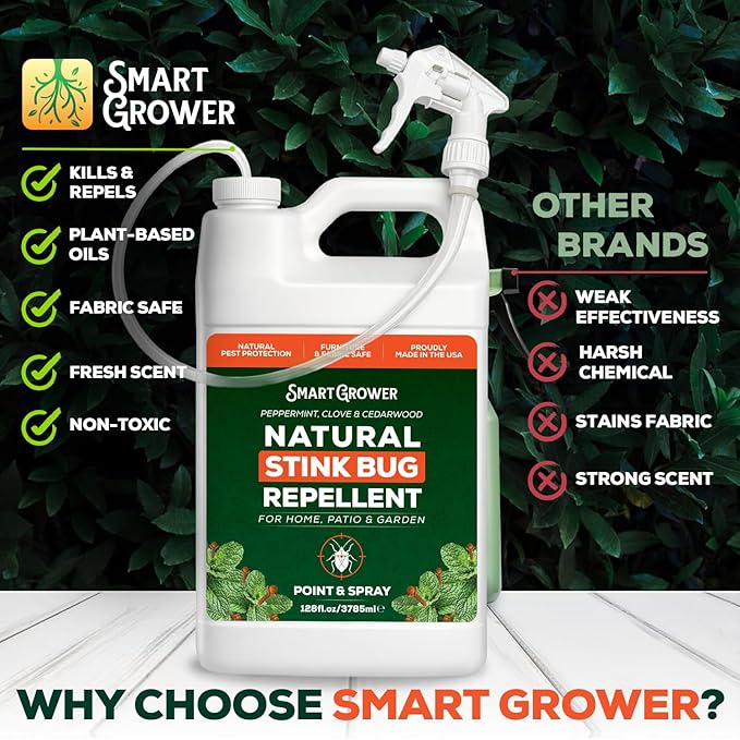 Natural Stink Bug Spray 128oz with Trigger Sprayer-Repellent for Indoor & Outdoor Use – Plant-Based Stink Bug Eliminator with Essential Oils, Stain-Free on Fabric, Pet & Family Friendly - Smart Grower