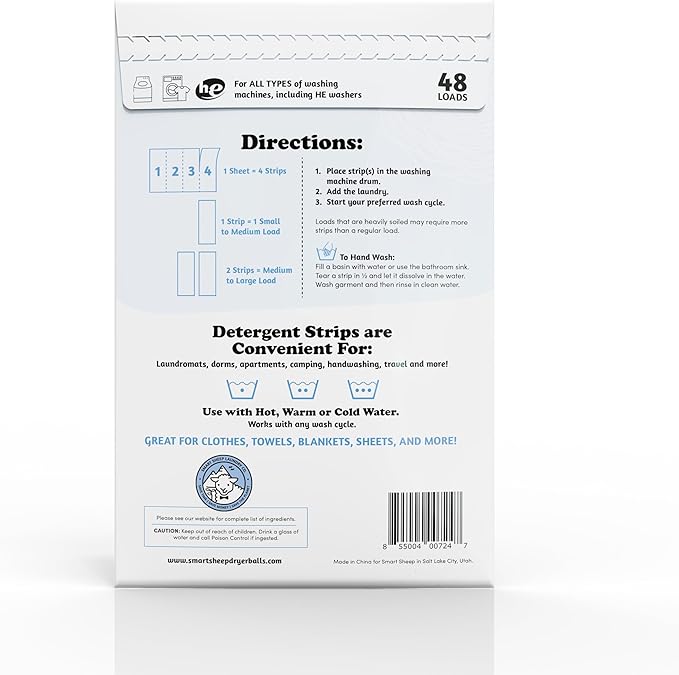 Smart Sheep Laundry Detergent Strips - Sensitive Skin - Eco Friendly & Plastic Free - Perfect for Travel & Camping (48 Count, Unscented)