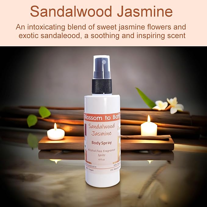 Blossom to Bath Sandalwood Jasmine Body Spray (4 Ounce) - Natural Fragrance - Energizes Skin with a Stirring Earthy Floral Scent