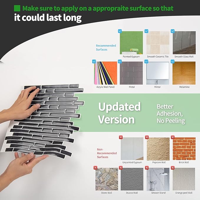 LONGKING 10-Sheet Self-Adhesive Peel and Stick Backsplash for Kitchen, Vinyl Decorative Tiles (Black)