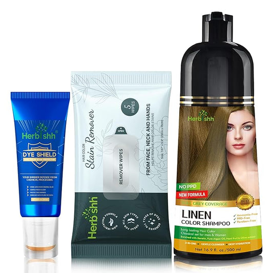 Herbishh Hair Color Shampoo for Gray Hair Linen 500 ML - Dye Shield or Defender - Hair Color Stain Remover Wipes - Travel Pack With 5 Wipes