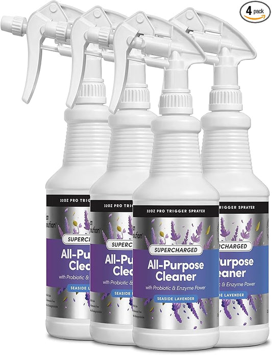 Clean Revolution SuperCharged All Purpose Cleaner Refill with Smart Probiotic + Enzyme Complex, Multi-Surface Kitchen Bathroom & Floor Cleaner, Seaside Lavender, 32 Fl Oz (Pack of 4)