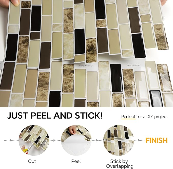 Vamos Tile 12" x 12" Peel and Stick Self Adhesive Kitchen Backsplash, Stick On Tile Backsplash for Kitchen & Bathroom(10 Sheets)