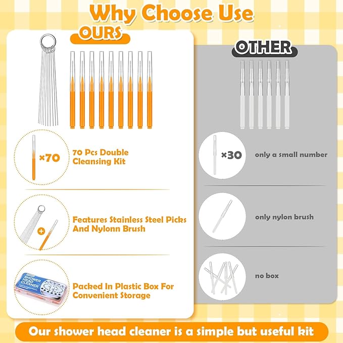 80 Pcs Shower Head Cleaner Tool, 70 Pcs Shower Head Cleaning Brush Picks for Unclogging Small Hole,10 Pcs Functional Nozzle Unclogger for Showerhead with Storage Box for Household Bathroom (Orange)