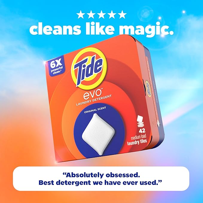 Tide evo Original Scent Laundry Detergent Fiber Tiles Works on 100% of Common Stains Safe for All Machines and Water Conditions Concentrated HE Compatible Clean and Instant Dissolve, 42 Count