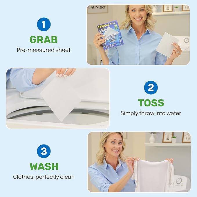 HAPPY HOUR Laundry Detergent Sheets 120 Loads Fresh Scent – Eco Friendly Biodegradable Laundry Soap Sheets, Non Toxic, Clothes Washing, Hot & Cold Water, Travel, Hypoallergenic for Sensitive Skin