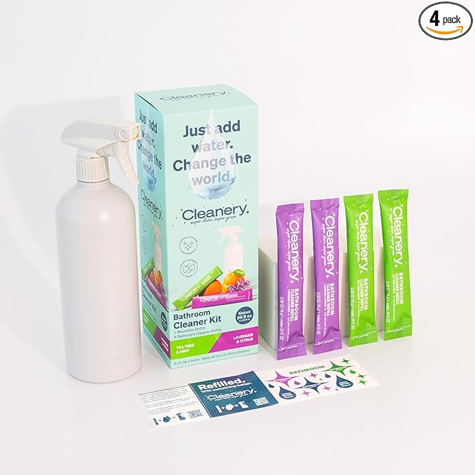 Bathroom Cleaner Starter Kit with Reusable Spray Bottle + 2 Tea Tree & Mint + 2 Lavender, Makes 24 fl oz each