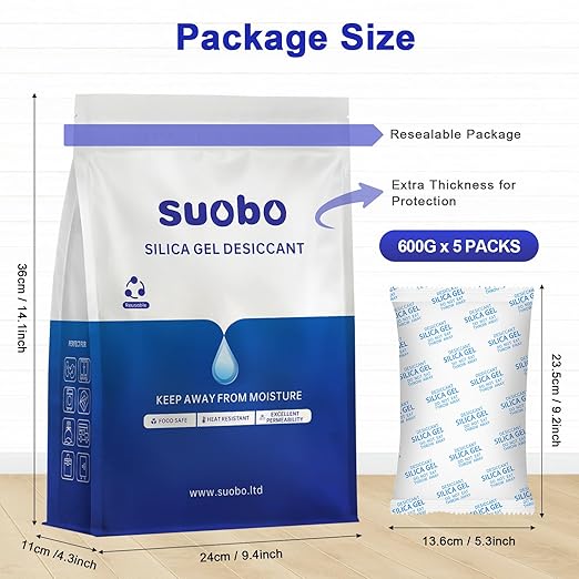 Large Desiccant Packs, 5 Packs 600 Gram Silica Gel Packets Reusable, Dehumidifier Packs for Car Desiccant, Large Moisture Absorbers for Car, Safe, 3D Filaments, Basement Garage