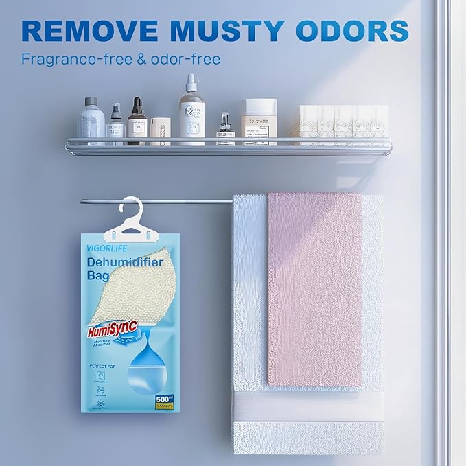 Moisture Absorbers, Hanging Closet Dehumidifier Bags 9.8 OZ, Portable Dehumidifiers for Wardrobes, Bathrooms & Bedrooms, Humidity Packs Attract Excess Moisture, Desiccant 5 Pack (Blue)