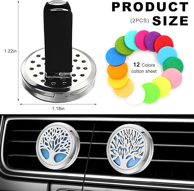 2PCS 30mm Car Diffuser Vent Clips, Tree of Life Aromatherapy Essential Oil Diffuser Locket with 12 Felt Pads, Stainless Steel Car Diffuser Locket Air Freshener (Style 3)