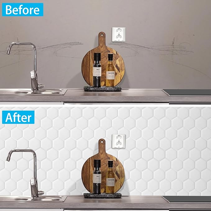 10-Sheet Hexagon Peel and Stick Backsplash for Kitchen, New Upgrade Premium Extra Thicker Design 3D Self Adhesive Wall Tiles, Large Stick on Tiles for Kitchen and Bathroom (12" x 12")