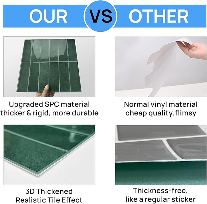 Peel and Stick Tile，New Upgrade Thicker Design Self Adhesive 12" x 12" Large Premium Peel and Stick Backsplash for Kitchen (Forest Green).