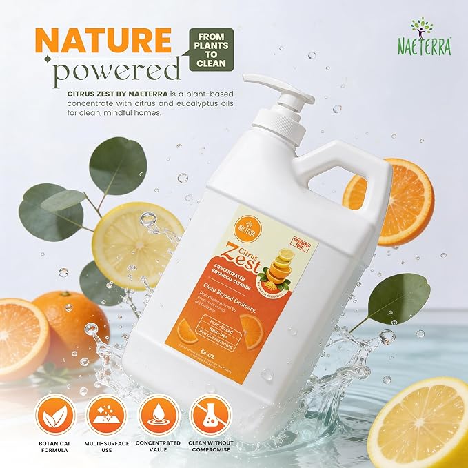 Naeterra Citrus Zest All-Purpose Cleaning Concentrate Kit – 64 oz Jug Makes 24 Gallons | Includes 16 oz Amber Glass Spray Bottle | Energizing Citrus Essential Oils | EWG Green-Rated Ingredients