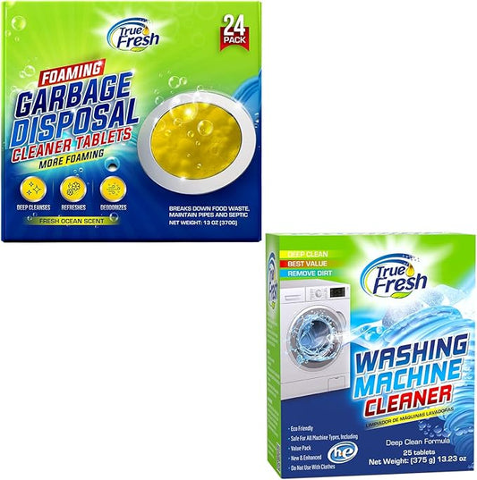 True Fresh 25 Washing Machine Cleaner Tablets & 24 Garbage Disposal Cleaner Tablets, Perfect Combo for sink and washers, Compatible with all washing machines and disposal brands - 12 Month Supply