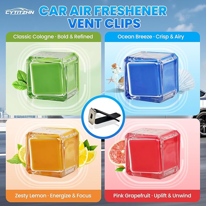 CYTITZHEN Car Air Freshener Vent Clip with Replaceable Scent Pods - Natural Essential Oil Fragrance, Long Lasting Odor Eliminator & Neutralizer for Cars, SUVs, Trucks (Cologne)