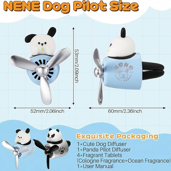 Tallew 2 Pack Car Air Freshener Cute Dog & Panda Car Vent Clip Diffuser with Rotating Propeller Outlet Vent Easy to Install Included 2 Scents Aroma Tablets Aromatherapy Ornament Auto Accessories