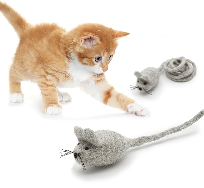 Glaciart One Felt Mouse Cat Toy – Soft Fuzzy Enrichment 100% Natural Wool - Interactive Catnip Play Cat Toy Set - Safe for Pets, Non-AZO Colored Dyes - 42” Long