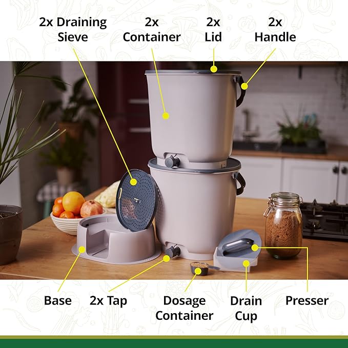 TeraGanix Bokashi Compost Starter Kit, Essential Set + Base, Indoor Composting, 2X 15.3L (4 gal) Bins, Collect & Ferment Waste, Airtight, No Pests or Odors, Bokashi Rice Bran Included, (Black)