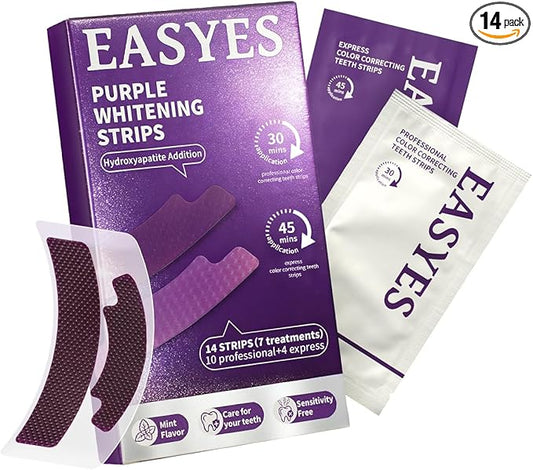 Purple Teeth Whitening Strips, Color Correcting White Kit, Peroxide-Free with Hydroxyapatite, Express & Professional Strips, Enamel Safe for Sensitive Teeth, Tooth Stain Remover (14 Strips)
