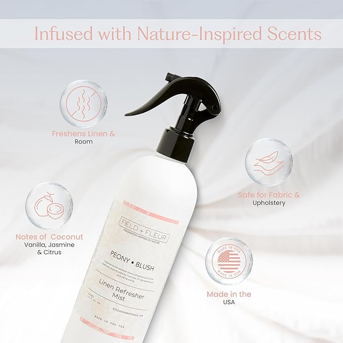 FIELD FLEUR Peony Blush Linen & Room Spray 15.5 oz - Aromatic & Refreshing Bedding & Fabric Mist - Air Freshener for Clothes & Sofas - Notes of Peony, Geranium & Ylang-Ylang - Made in USA