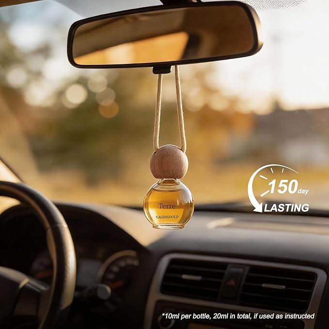 Car Air Freshener Hanging 2 Pack, Sandalwood & Terre Scent Essential Oil Diffuser Long Lasting Up to 150 Days, Cute Car Accessories with 2 Vent Clip for Women Men Gift, Odor Eliminator