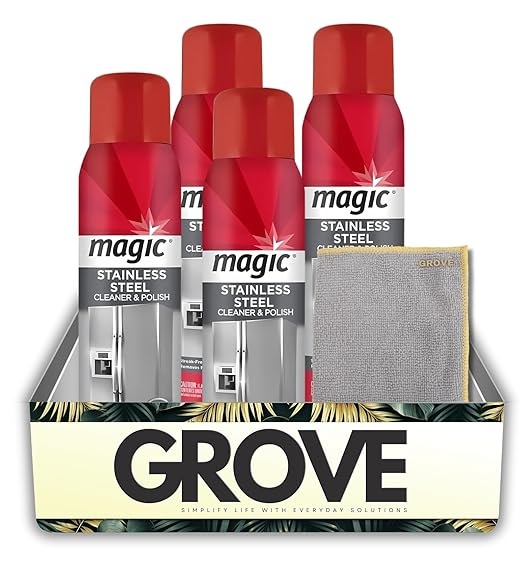 4x Stainless Steel Cleaner 17 oz by Magic – Polish Wipes Bundle with Microfiber Towel – Foaming Formula Clings to Surfaces, Easy Application for Shiny Stainless – Gift Set (5 Items)
