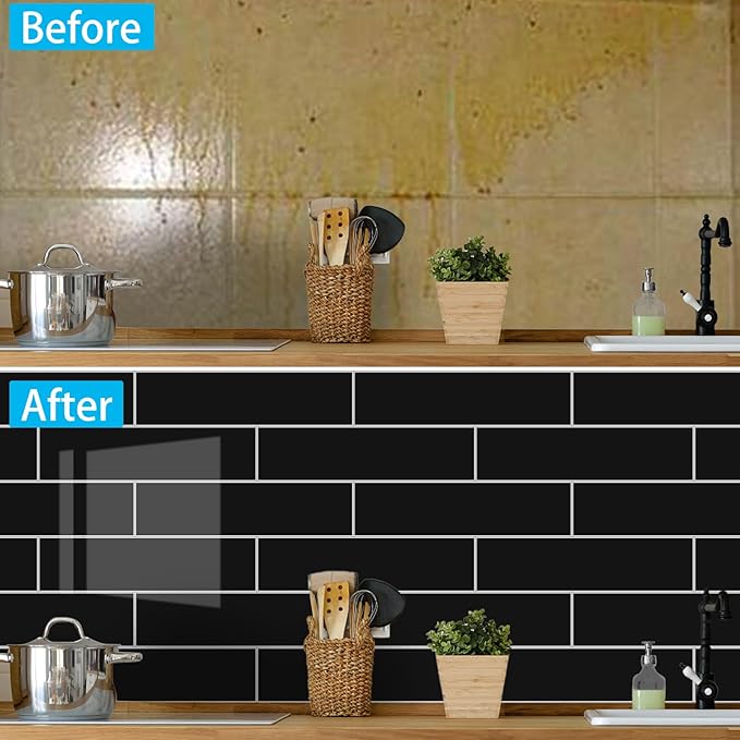 24-Pieces Peel and Stick Tiles for Kitchen Backsplash, New Upgrade Design 12" x 3"SPC Subway Backsplash Tiles, Marble Black Premium Finger Tiles, Peel and Stick Backsplash for Kitchen.