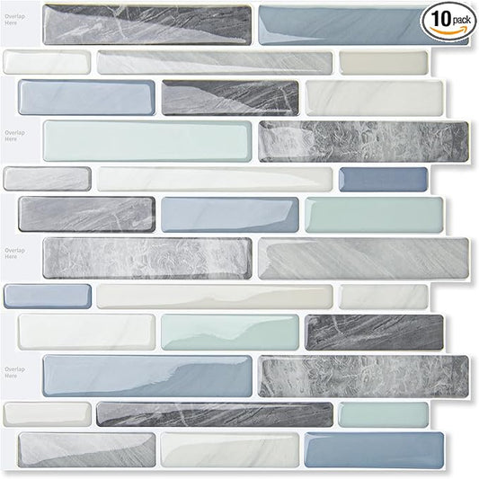 LONGKING Self-Adhesive Kitchen Backsplash, Marble Look Decorative Tiles (10 Tiles)