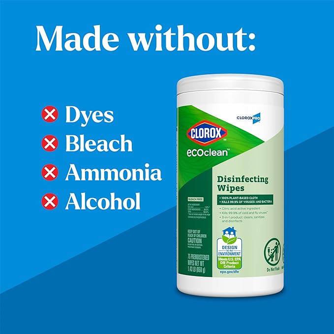 CloroxPro Clorox EcoClean Disinfecting Wipes, Multipurpose 100% Plant Based Cleaning Cloths, Antibacterial Disinfectant, Safe for Multi Surface Use, 75 Count (Pack of 6)