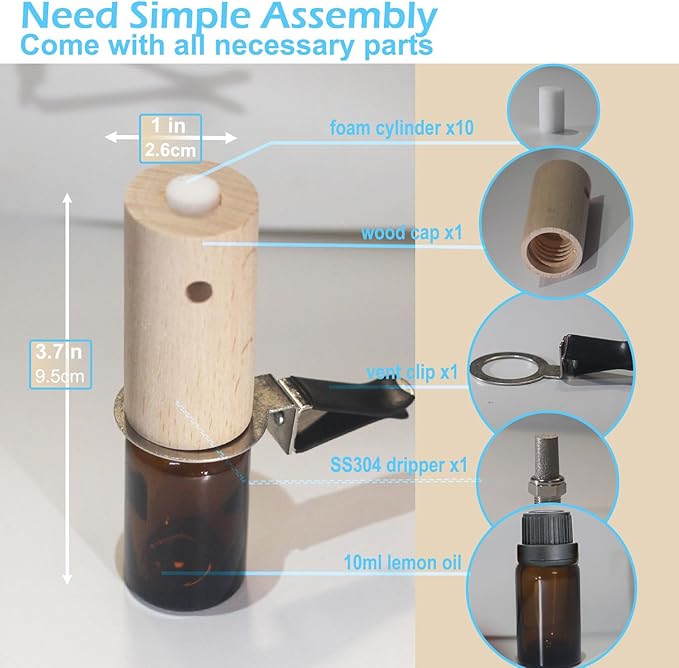 Refillable Car Essential Oil Diffuser with Lemon Oil (10ml), 30 Days’ Vent Clip Air Freshener Commuter Aromatherapy Non-toxic Strong Natural Fragrance Odor-fighting Fresh Scent for Women Men (1 Set)