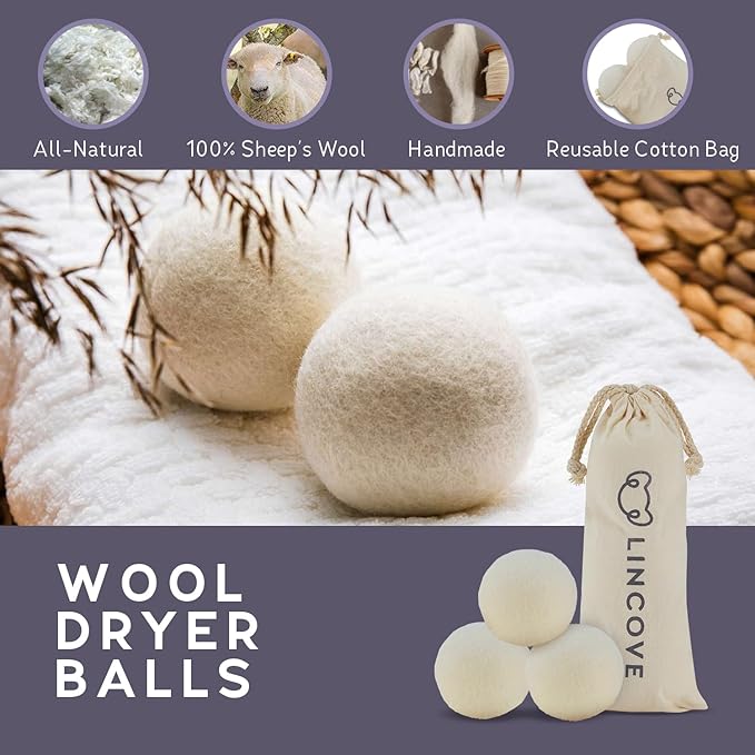 Wool Dryer Balls, 3 Pack – Natural Fabric Softener for Laundry, 100% Organic, Reusable for 1000+ Loads, Anti-Static, Reduces Drying Time, Baby Safe & Hypoallergenic Comes with Lincove Storage Bag