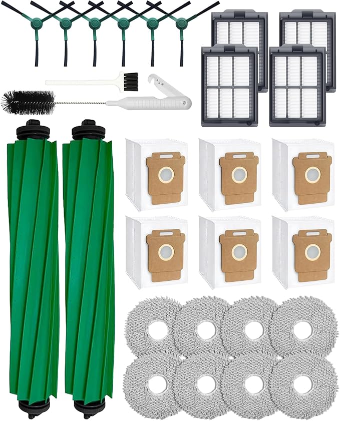 28 Pcs Accessories Set for iRobot Roomba Plus 405/505/507 Combo Robot Vacuum Cleaner: 2 Main Brushes, 6 Side Brushes, 4 HEPA Filters,8 Dust Bags, 6 Mop Pads, 2 Cleaning Brushes